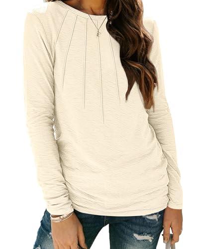 YZEGGO Womens Tops Long Sleeve Shirts Pleated Crew Neck Basic Tee 2025 Trendy Outfits Clothes (Apricot, Small)
