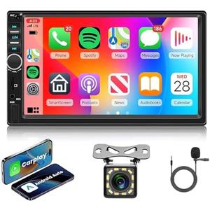Double Din Carplay 7 inch Car Radio with Android Auto, Hodozzy 7 inch Touch Screen Radio with Bluetooth, FM Radio, Mirror Link, Car Radio 2 Din with Backup Camera/MIC, Support USB/AUX/TF