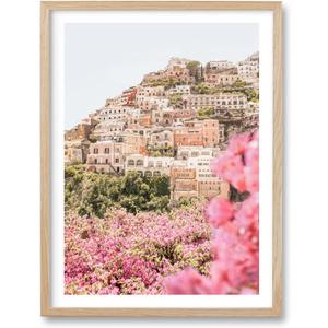 HesenDot Natural OAK Wood Amalfi Coast Framed Wall Art,12x16in Italy Beach Canvas Wall Print, Pink Flowers House Boho Wall Decor for Living Room,Bedroom,Office Gallery Gifts Set of 1
