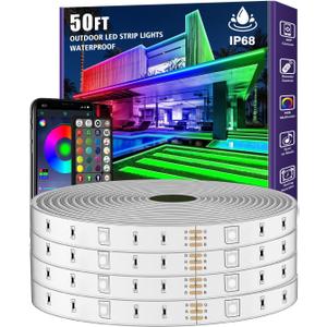 50ft Outdoor LED Strip Lights Waterproof,Music Sync RGB IP68 Outside Led Light Strips Waterproof with App and Remote,Exterior Led Rope Lights for Deck,Balcony,Roof,Garden,Pool