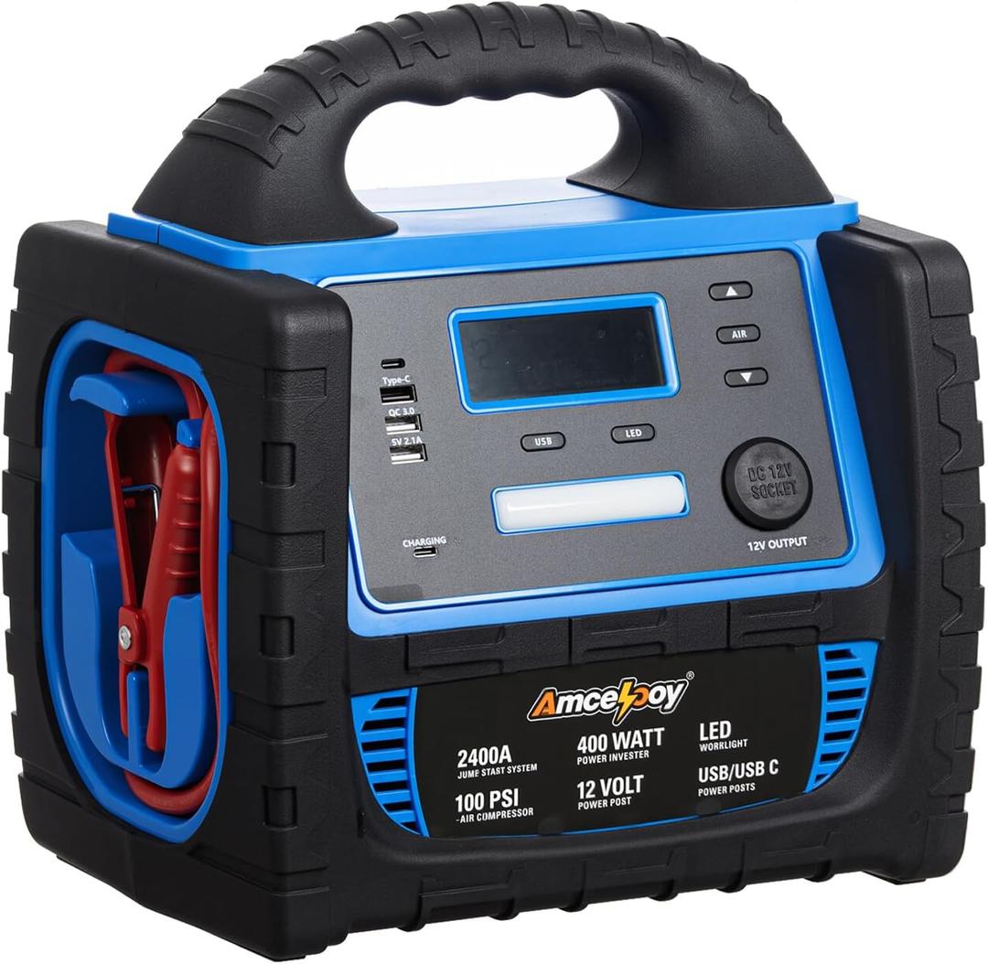 2400A Car Battery Jump Starter and Portable Power Station Starts 8.0L Gas & 8.0L Diesel 6-in-1 Jump Starter with Air Compressor 100 PSI Tire Inflator 400 Watt Inverter AC/DC/USB Outlets