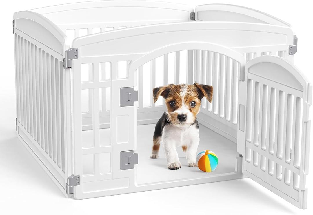 Dog Playpen 4-Panel, 24IN Puppy Playpen, Stable Dog Play Pen Indoors/Outdoor with Secure Locking Door, Plastic Pet Fence for Small & Medium Dogs (Cream White)