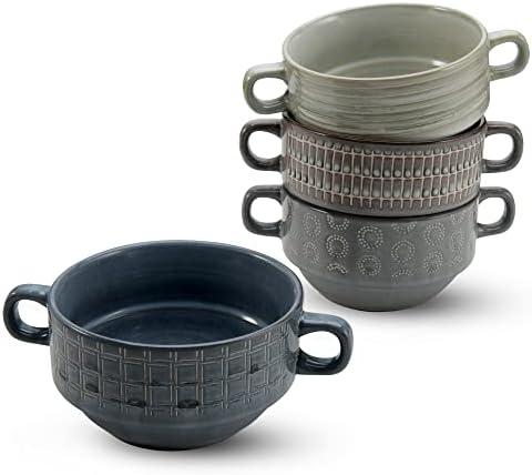 American Atelier Soup Bowls with Handles | Set of 4 | 16-Oz Glazed French Onion Soup Bowl | Stackable Serving Bowls for Stew, Pasta, Chili | Stoneware, Dishwasher & Oven Safe (Assorted Geometric)