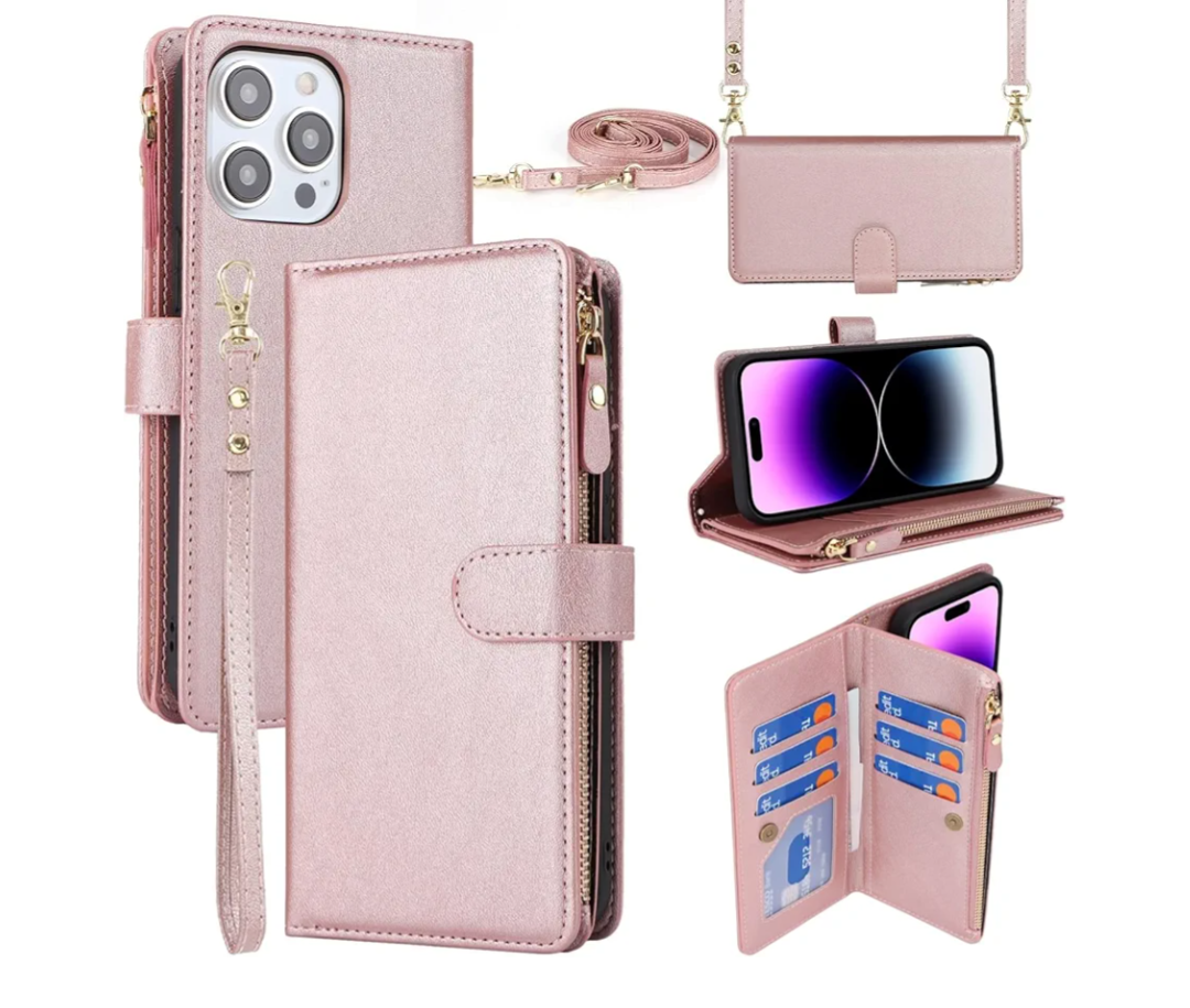 iCoverCase Compatible with iPhone 15 Pro Max Crossbody Case with Strap, Wallet Phone Case Card Holder [Not Detachable] PU Leather Kickstand Zipper Lanyard Case 6.7" (Rose Gold)