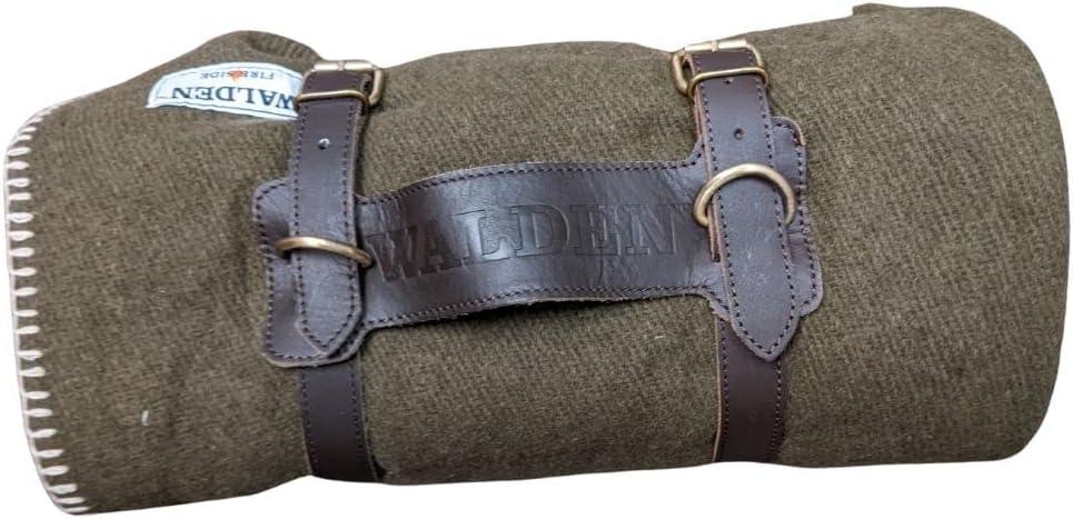 Walden Backyards Fireside Wool Blanket with Leather Carrying Strap (Olive Green with Brown Leather Carrier)