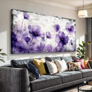 Wall Art for Living Room Decor Purple Floral Picture Prints Modern Watercolor Poppy Painting Artwork Home Decor Framed Wall Decor Large Size 24 x 48 in Ready to Hang