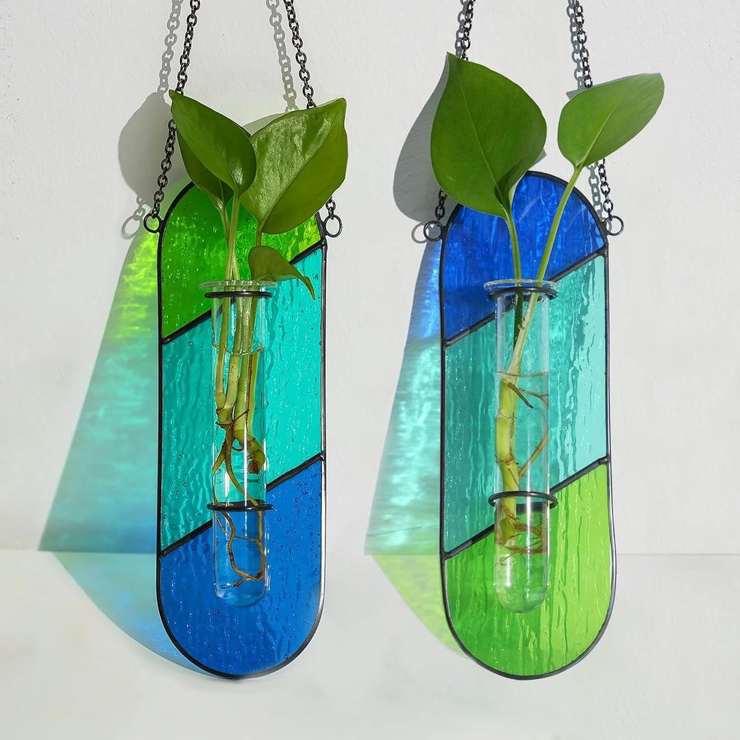 Hewory Stained Glass Plant Propagation Hanging 2 Pcs Propagation Station Planters for Window Decor - Unique Hydroponic Propagated Plant Holders for Kitchen Gifts for Mom (Blue-green)