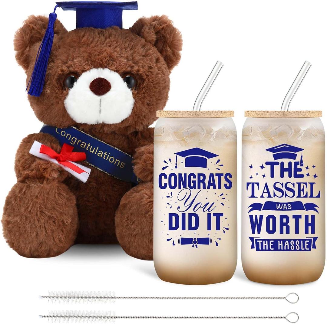 3 Pcs 2025 College Graduation Gifts for Her Congrats Grad Include Glass Cups and Stuffed Bear, Can Cups with Lids and Straws for College University Class of 2025 Party New Job(Blue)