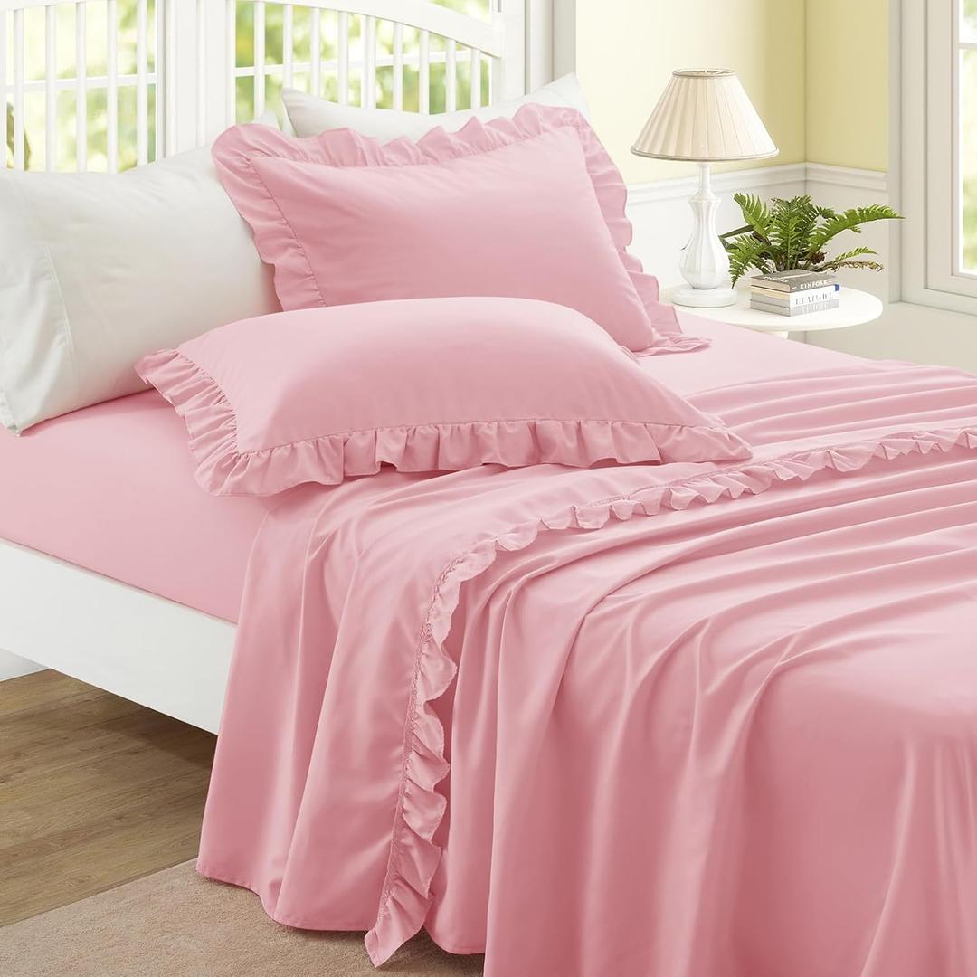 4 Pieces Ruffle Full Sheet Set, Light Pink Bed Sheets Full Size, Microfiber Coquette Pink Sheets with 16 Inch Deep Pocket Fitted Sheet, 1 Ruffled Flat Sheet & 2 Ruffled Pillow Shams