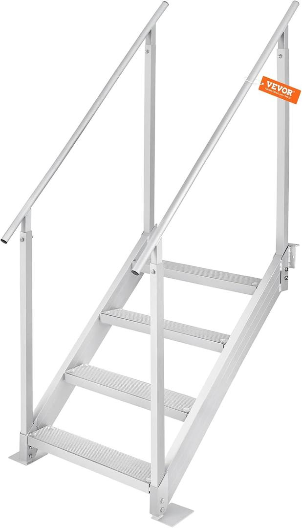 VEVOR Dock Stairs 4 Steps, 500lbs Load Pool Steps, Adjustable Height Aluminum Dock Ladders, Pontoon Boat Ladder with Handrails & Widen Nonslip Pedals for Lake/Pool/Marine Boarding/RV/House