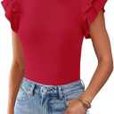 KIRUNDO Summer Sweaters for Women Lightweight 2025 Fall Ruffle Short Sleeve Business Casual Tops Slim Soft Knit T Shirts(Red, Large)