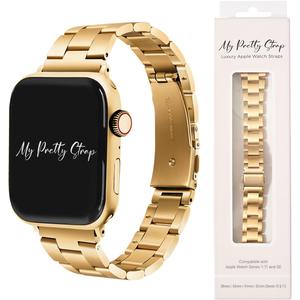 My Pretty Strap Classic Vogue Band Compatible with Apple WATCH SE Series 9 8 7 6 5 4 3 2 1, 38MM / 40MM / 41MM, Stainless Steel Metal Gold for Women