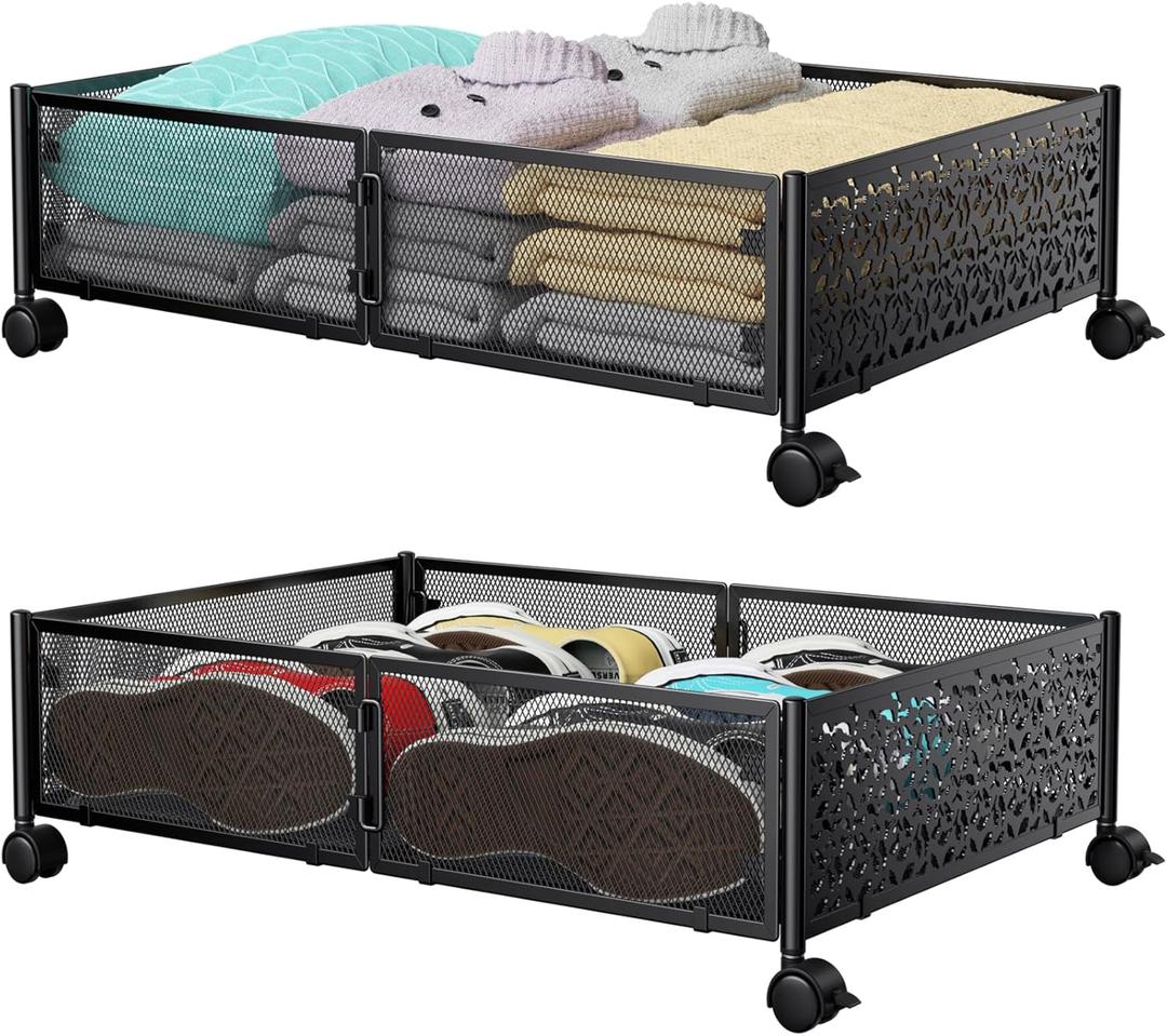 Under Bed Storage Containers with Wheels, Under Bed Shoe Storage Organizer Drawer, Tool-free Assembly Metal Storage Containers for Bedroom Clothes Shoes Blankets -2PCK (2 Pack(15.723.6"), Black)