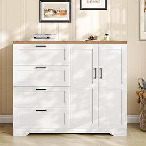 GarveeHome Multifunctional Wooden Dresser for Bedroom, 43.3 in H 2 Door Wardrobe Armoire Closet with 4 Drawers and Hanging Rod, Low Storage Cabinet for Hanging Cloth, White and Brown, 19.7"D x 47.2"W x 43.3"H