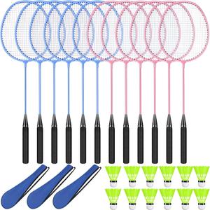 Pack of 12 Badminton Rackets Set Including Rackets, Nylon Shuttlecocks and Carry Bag for Outdoor Backyard Games Beginners (Light Pink, Light Blue)