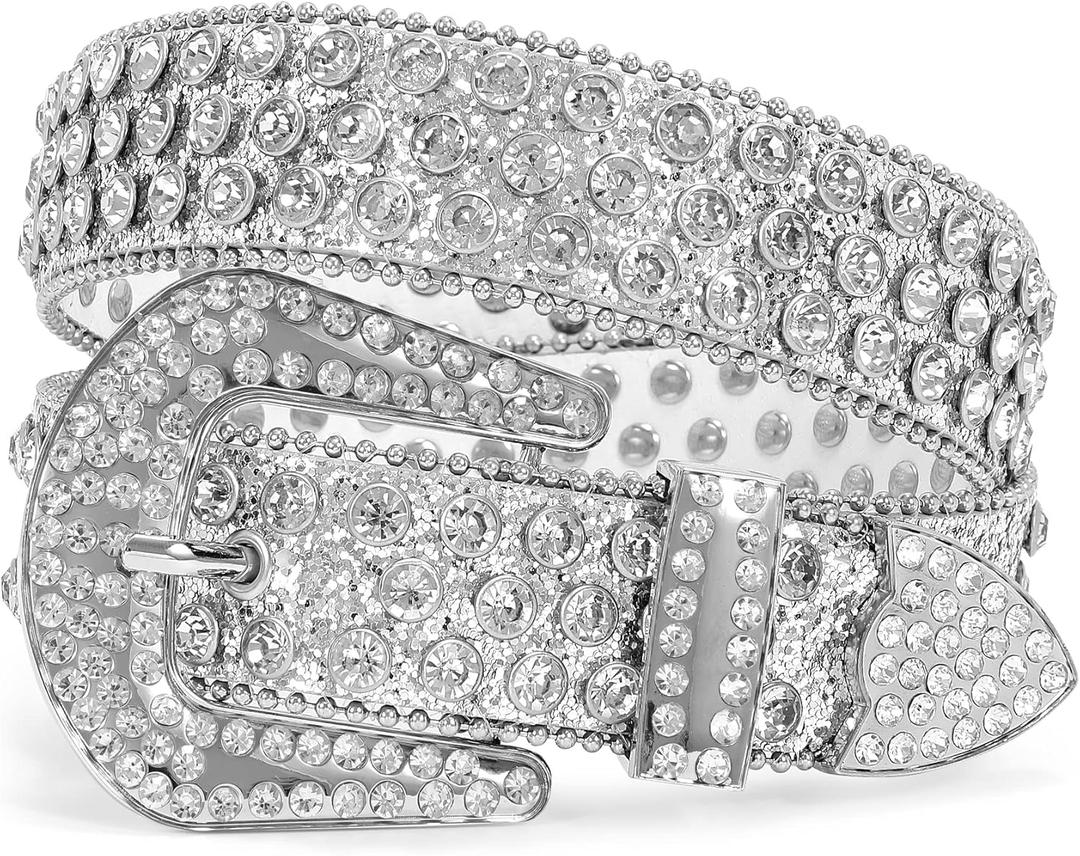 XZQTIVE Cowgirl Bling Studded Leather Belts for Jeans Pants with Rhinestone and Western Silver Buckle, Unisex (Fit waist 33-37 inch)