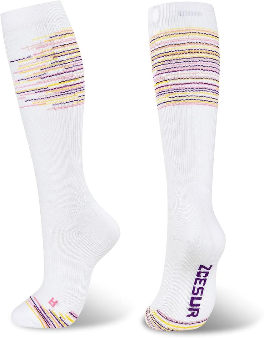 Knee High Compression Socks for Women & Men 20-30mmHg Nurses,Pregnancy,Travel,Running (Large-X-Large, White/Purple/Colorful Stripes)