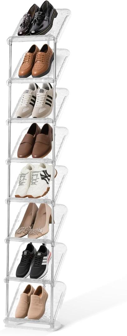 SMILHELTD Vertical Shoe Rack 8 Tiers  Narrow Space Saving Clear Sneaker Storage, Tall Slim Organizer with Triangle Stability & 45 Tilt, for Entryway Garage Closet, Transparent Black, 10.4"W x 64.5"H