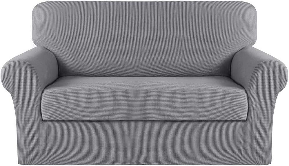 Turquoize Stretch Sofa Slipcover 2 Pieces Sofa Cover Couch Cover for 2 Cushion Couch Washable Furniture Protector Covers with Elastic Bottom Feature Thick Jacquard Fabric (Loveseat, Dove)