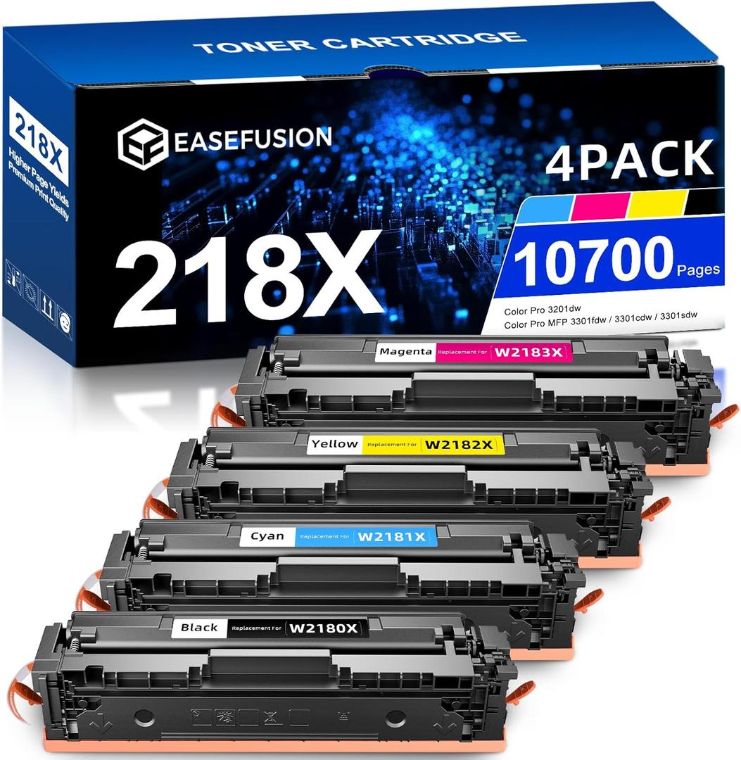 218X Replacement for HP 218A 218X Toner Cartridges 4 Pack for Color LaserJet Pro MFP 3201dw 3301cdw 3301fdw 3301sdw Printer W2180X W2181X W2182X W2183X No Chip