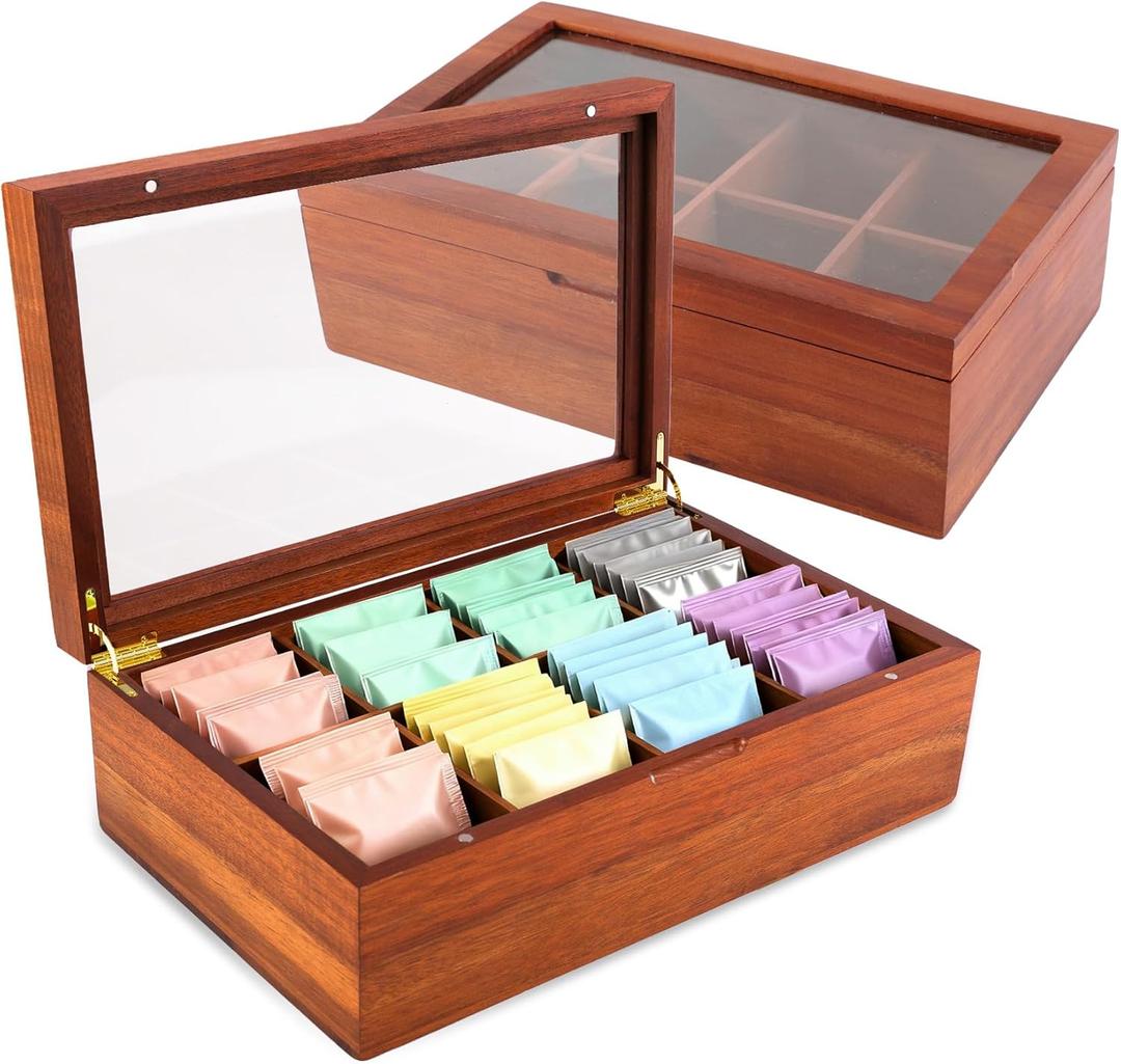 LANNEY Tea Bag Organizer - Acacia Wooden Tea Box Organizer Storage Box, Bag Holder Container with 8 Removable Compartments, Clear Window and Magnetic Lid for Coffee Sugar Countertop Kitchen Cabinet (Walnut Color)
