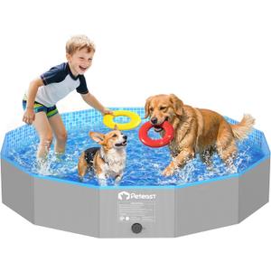 Peteast Foldable Dog Pool with Sturdy Round Design, Extra Large Portable Pet Bathtub, Durable 64" Diameter Portable Design for Backyard & Indoor Use (Includes 2 Flying Disks)