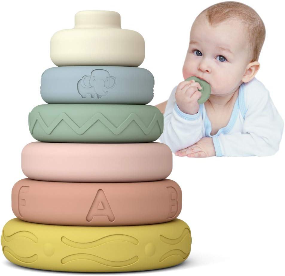 Mini Tudou 6 PCS Baby Stacking & Nesting Toys, Soft Stacking Blocks Ring Stacker, Baby Sensory Teether Toys with Letter, Animal and Shape, Early Learning Toys for Babies Toddlers Kids 6 Months (1-original)