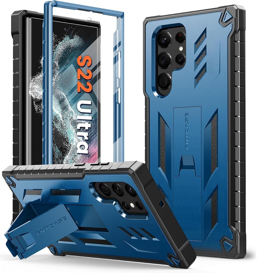 FNTCASE for Samsung Galaxy S22 Ultra Case: Built-in Screen Protector & Kickstand Full-Body Dual Layer Rugged Military Grade Shockproof Protection Heavy Duty Protective Phone Cover 5G-Blue