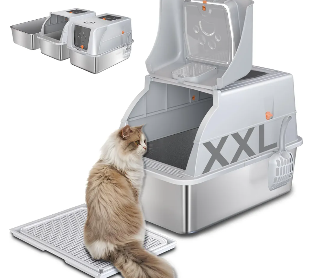Stainless Steel Cat Litter Box with Lid, 180° Flip Top XXL Enclosed Litter Box with Cat Pedal Step Stool & Scoop, Front Top Dual Entry Steel Extra Large Cats Litter Pan, Light Grey