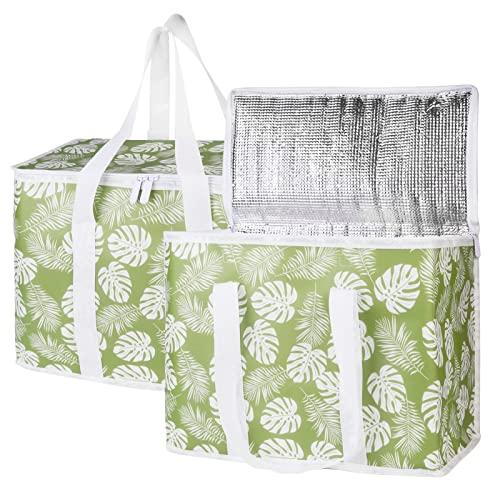 Bodaon 2-Pack Insulated Reusable Grocery Shopping Bags,Large Picnic Cooler Bag with Zipper Zippered Top Cold, Green-Leaf