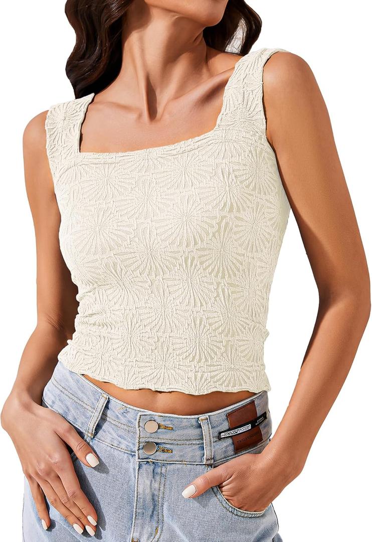 Womens Crop Floral Tank Top Square Neck Wide Straps Cropped Tank Tops Slim Fit Lettuce Trim Boho Summer Tops (Medium, Beige)