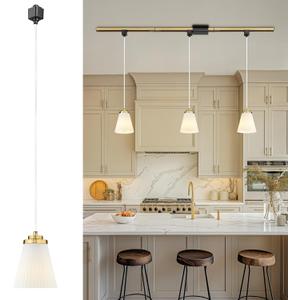 H-Type Track Lighting Pendant, HWH 1-Light Track Pendant Light Fixture Brushed Gold Finish with Frosted Milk White Striped Glass Shade for Kitchen Island, 5HZG97TP BG
