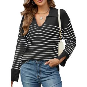Moreone Women's Striped Sweaters V Neck Long Sleeves Knitted Casual Pullovers Jumper Tops Shirt Tops (X-Large, Black)