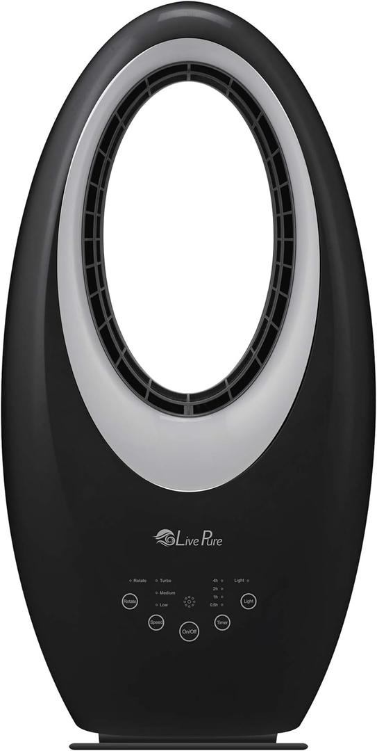 LivePure Bladeless Oscillating Fan w/Filter and Aroma Tray. 3-Speed Adjustment, Touch Control, Quiet Cooling Fan. Stand Up Fan for Bedroom, Office, Kitchen, Black