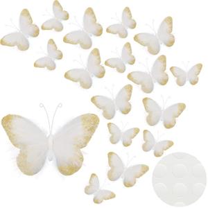 16 Pieces Feather 3D Butterfly Wall Decals Gold Glitter Butterfly Decor Stickers for Room Offices Bedroom Bathroom Living Room Decor(White)