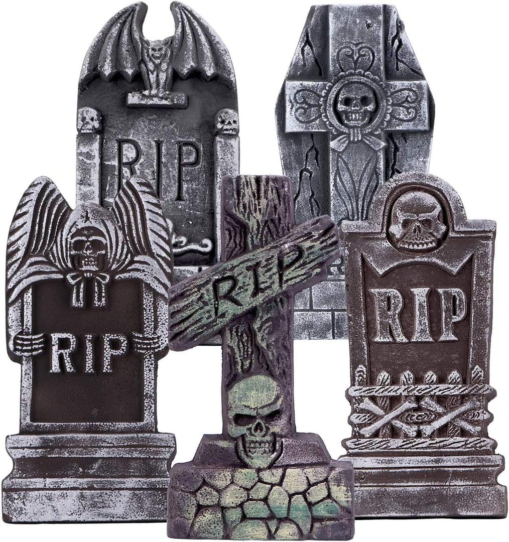 17" Halloween Foam RIP Graveyard Tombstones, 5 Pack Tombstone with 10 Metal Stakes for Halloween Decorations