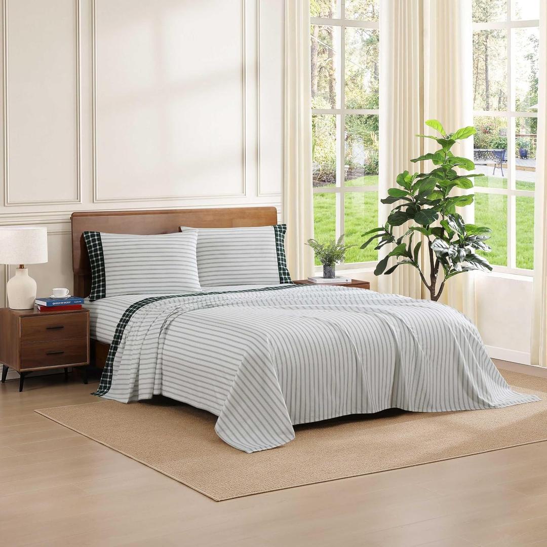 Tommy Hilfiger - Full Size Sheets Set, Crisp & Tailored Cooling Sheets with a Cotton Percale Lightweight Feel - Bed Sheets with Matching Pillowcases & Fitted Sheet (Cass Park Mix Green)
