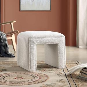 Get Set Style Vanity Stool Chair,Modern Boucle Ottoman Foot Stool with Wooden Legs Sofa Bench Footstool Extra Seat for Vanity,Makeup Room,Living Room,Entryway,Office (Fully Assembled) (White)