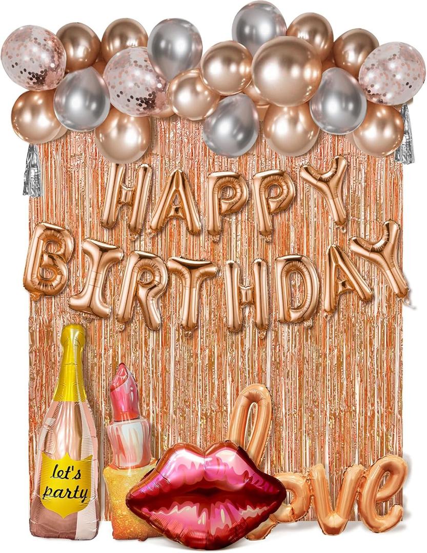 Rose Gold Birthday Decorations Set for Women,Happy Birthday Letter Balloon Banner,Foil Balloons,Lip Balloon, Fringe Curtain Backdrop for Happy Birthday Party Supplies