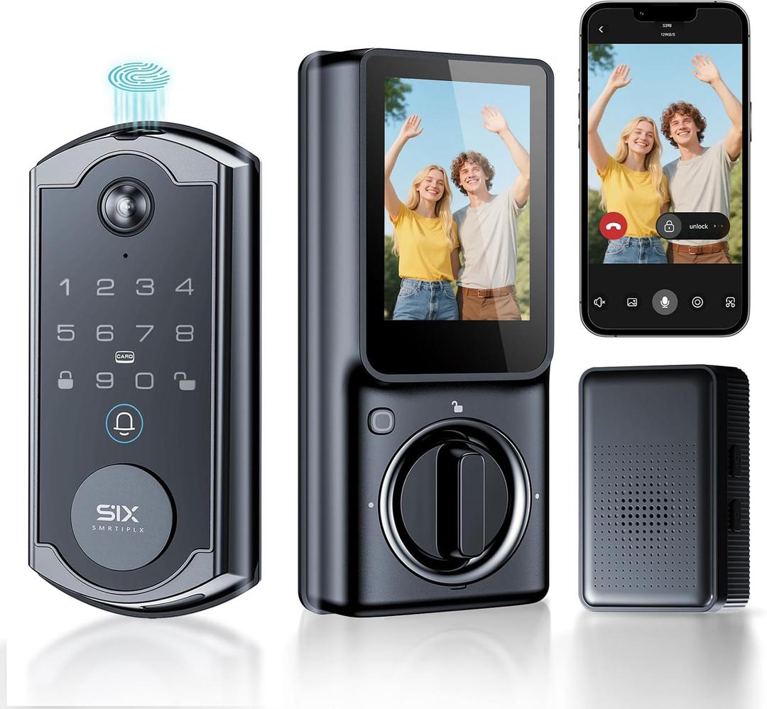 Video Smart Lock S398, 4-in-1 Camera + Video Doorbell + Fingerprint Keyless Door Lock + Indoor Display Monitor, Smart WiFi Deadbolt, App Remote Control, Easy Installation, Chime Included (Black)