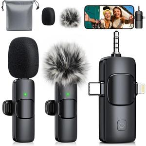 MENERESAS 3-in-1 Mini Microphone for iPhone: Wireless Lavalier Microphone with 80ft Range & 15H Battery - Noise Reduction Lapel Mic, Real-Time Monitoring for Video Recording Power Conditioners (Phantom black)