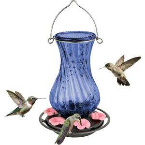 Nature's Way Hanging Glass Hummingbird Feeder for Outdoor Decor, 32 Ounce Capacity Nectar Feeder, 6 Easy to Clean Flexible Pink Ports, Blue