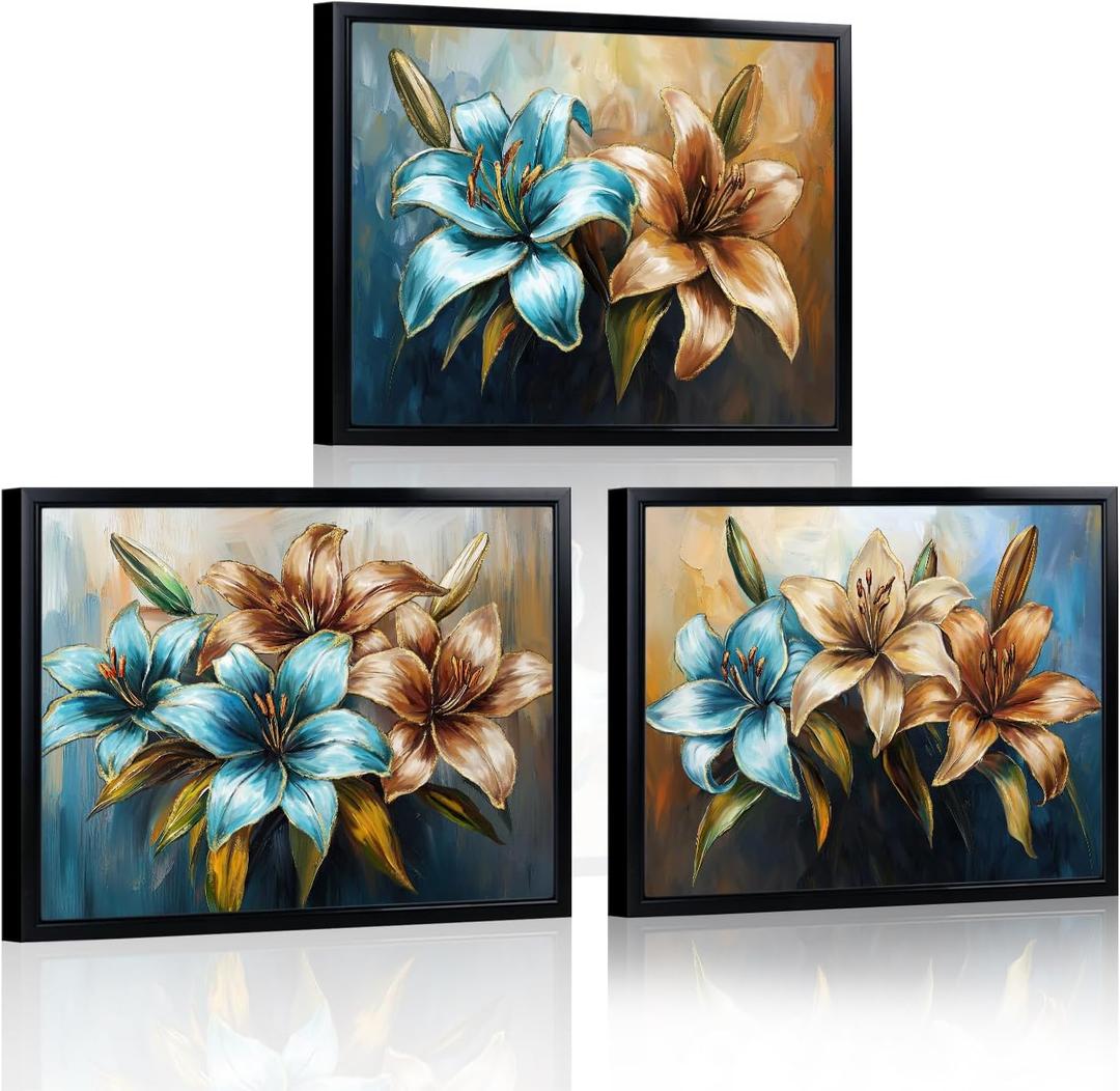 LevvArts Floral Wall Art Lily Flowers Painting Canvas with Black Frame Teal Brown and Gold Bathroom Wall Decor, 3 Packs