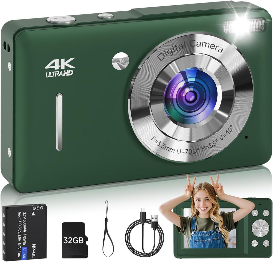 Digital Camera for Kids, FHD 1080P 44MP Point and Shoot Digital Camera with Face Detect, Smile Capture, 16X Zoom, 20 Filters, Anti Shake, 32GB SD Card Green Compact Vintage Camera