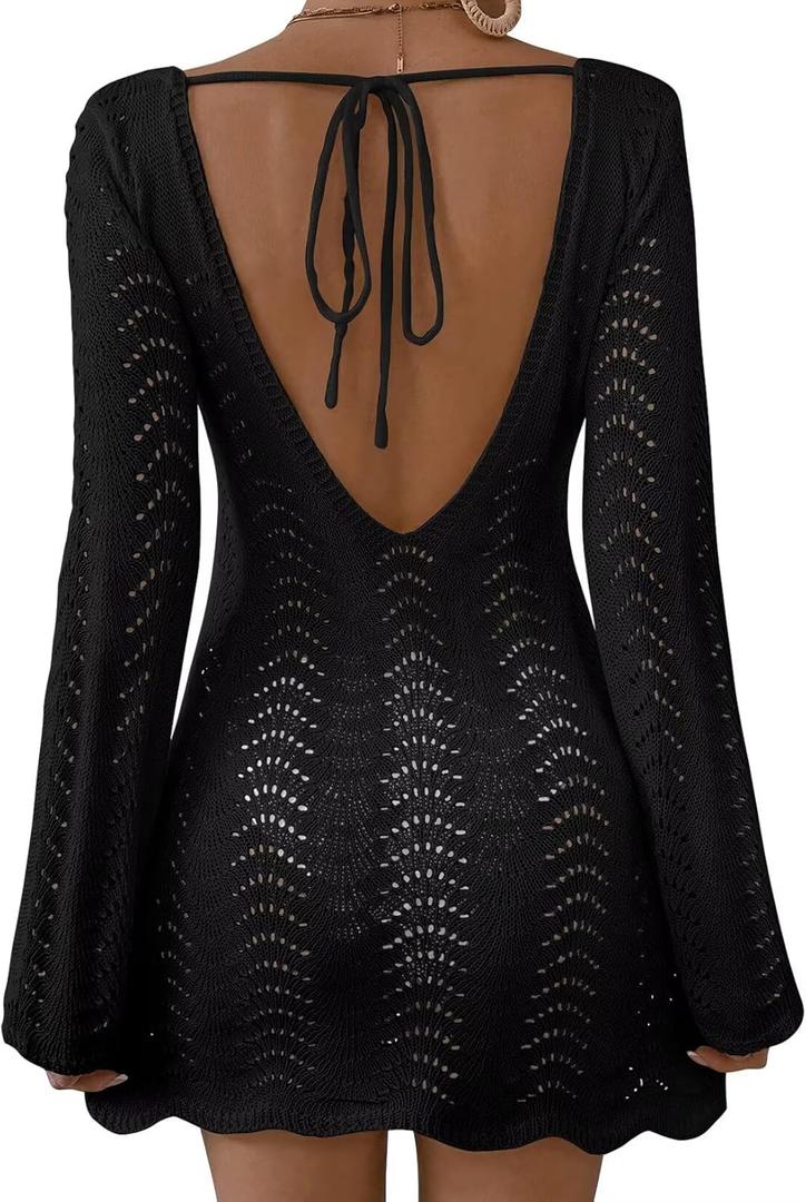 Womens Swimsuit Cover Up Long Sleeve Crochet Bathing Suit Mesh Backless Cover Ups Summer Beach Vacation Outfits 2026 (X-Small, Black)