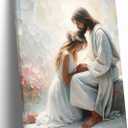 Framed Jesus And Girl Wall Art Modern Christian Praying Oil Poster Prints | Jesus Blessing the Flower Crowned Woman Wall Decor Pictures for Bedroom Church Ready to Hang 12x16in
