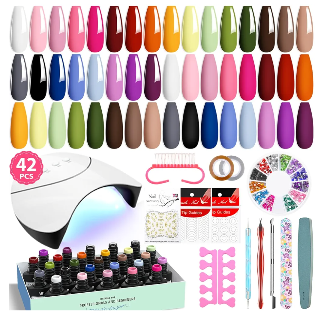 VANREESA 42 Pcs Gel Nail Polish Kit with U V Light 24 Colors Gel Polish Nail Kit Pink Red Orange Yellow Green Brown Blue Purple Gray Complete Nail Kit with Manicure Tools Gifts for Women