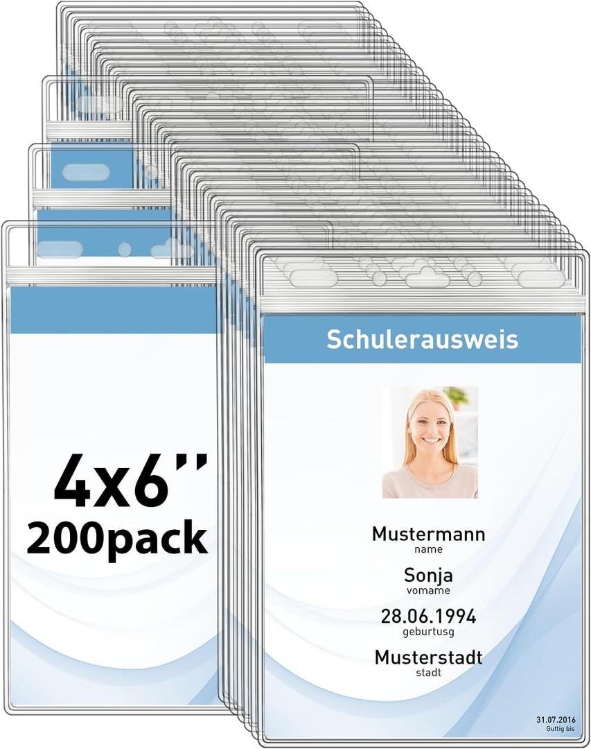 Vertical ID Badge Holders with Soft Edge (Sealable Fits 4x6 Inch Insert) (200 Pack), Waterproof Passport ID Card Holder, Name Tag Holder, Name Badge Holders, Zipper Plastic Badge Holder