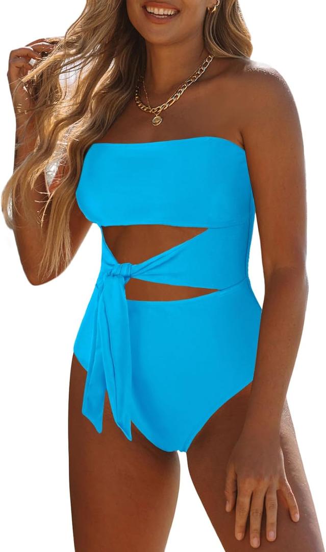 Viottiset Women's Bandeau One Piece Swimsuit Strapless Tie High Cut Out Bathing Suit (Medium, Light Blue)