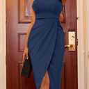 One Shoulder Formal Dress Ruched Cocktail Party Midi Dresses (Blue, L)